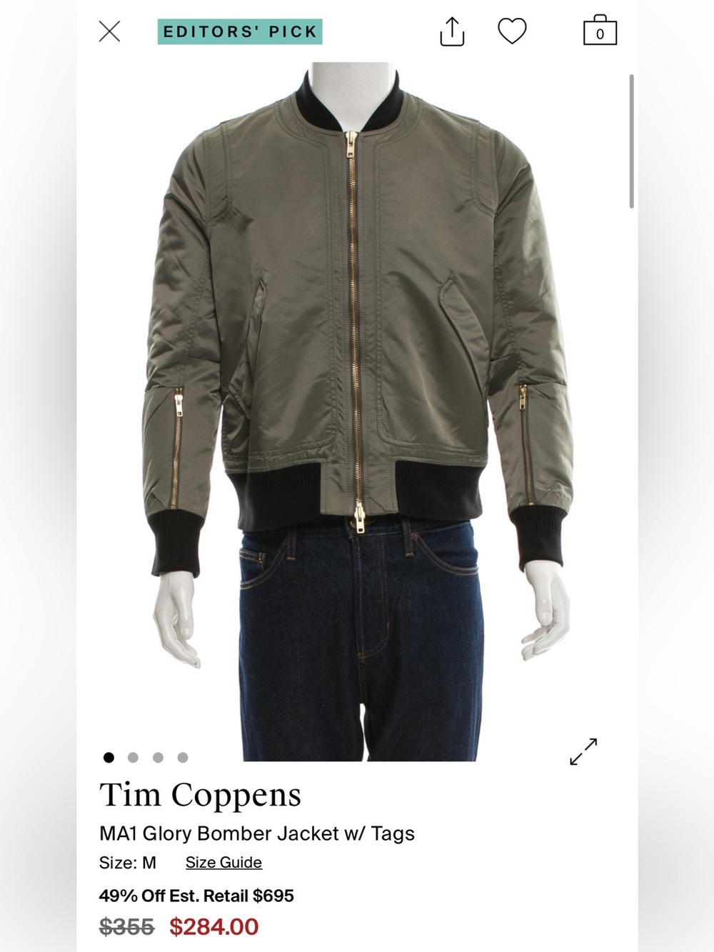Tim Coppens MA1 Glory Bomber Jacket Stone Grey khaki green Size Medium EUC